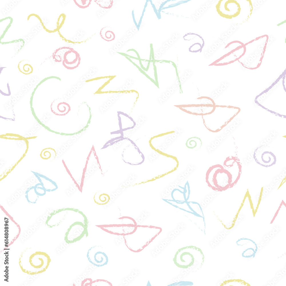 Cheerful watercolor doodles, childish seamless pattern in soft pastel colors. Vector