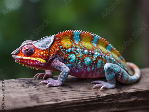 Colorful chameleon resting on woody branch. AI generated
