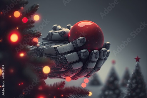 Smart robotic hand holding Christmas tree with garland, close up, blurred Christmas tree as foreground. Generative AI.