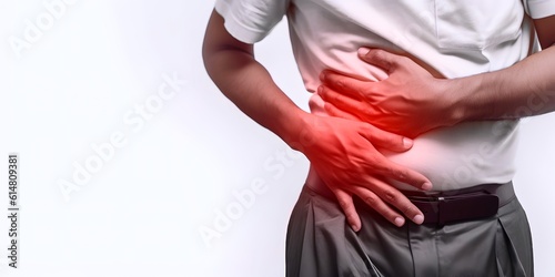 Asian man suffering from right upper abdominal pain. AI generated
