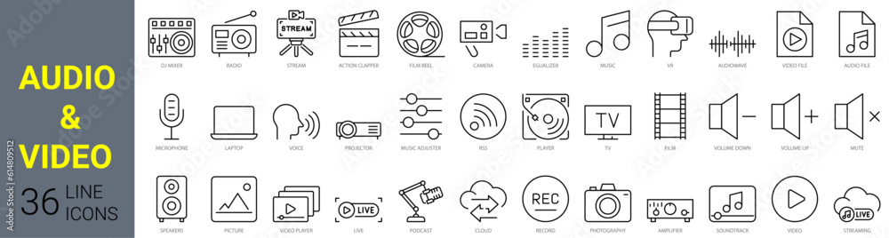Obraz premium set of 36 line web icons audio and video. Multimedia video player. Media Collection of Outline Icons. Vector illustration.