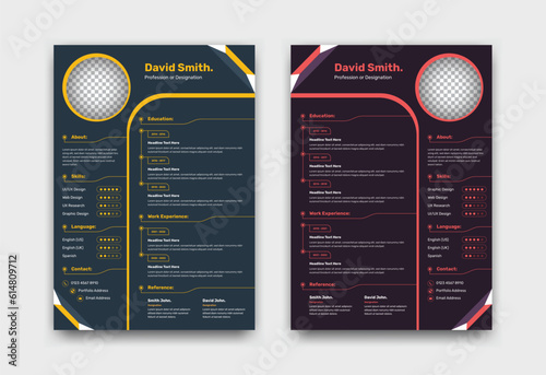 Dark curriculum vitae or resume template design with abstract shapes and image placeholder