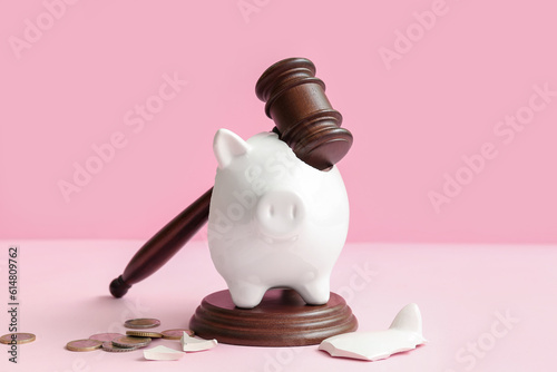Broken piggy bank with judge gavel and money on pink background. Bankruptcy concept