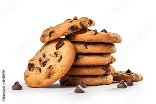 Close up of fresh biscuits. Delicious homemade cookies stack. Sweet snack chips on white background isolated photo