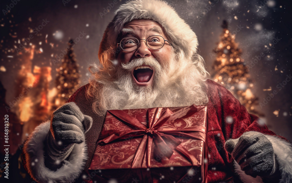 Santa Claus joyfully laughs while holding a gift bag