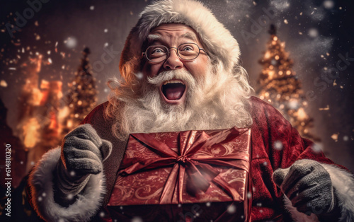Santa Claus joyfully laughs while holding a gift bag