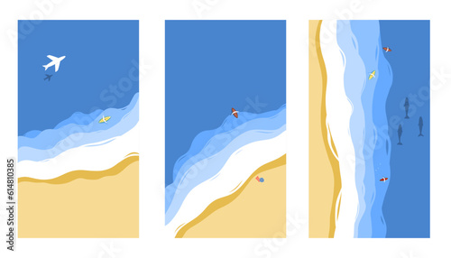 Ocean landscape top view. Set of aerial view of ocean waves reaching the coastline and beach. Sea waves