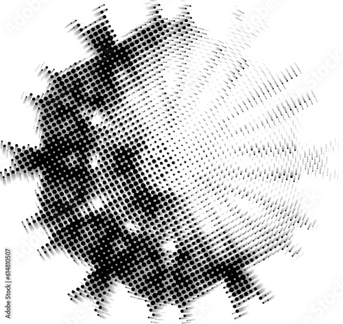 Spin rotation dotted halftone mandala with lightened sector and with divergent radii. Two-dimensional view. Space for copy text. Simulation of a blurry, out-of-focus image.