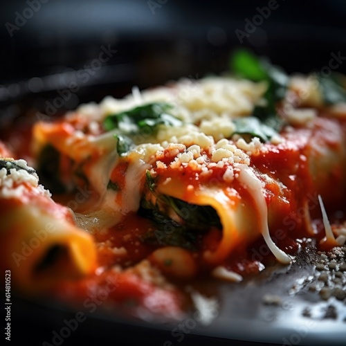 cannelloni stuffed with spinach and ricotta, topped with marinara sauce and melted cheese