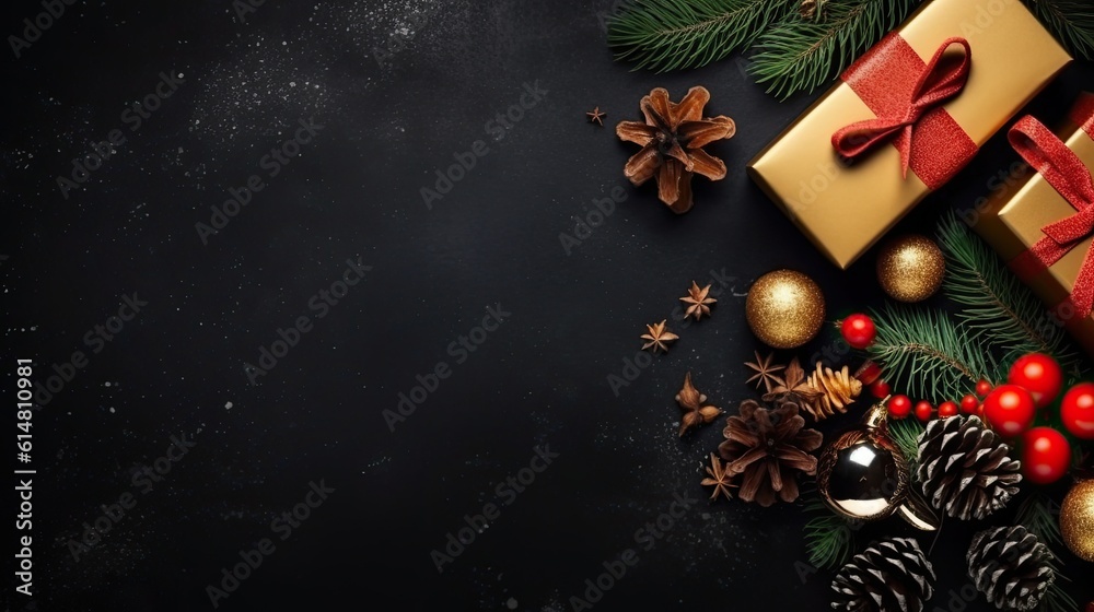  Christmas dark black background with beautiful texture and Golden gift box with red ribbon, fir branches, cones, Christmas tree toys stars, Christmas tree cookies,