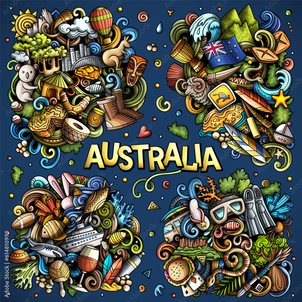 Australia Country cartoon vector doodle designs set.