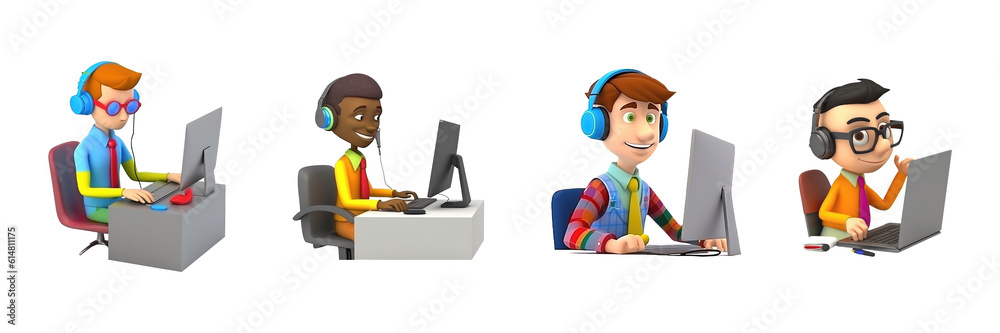 3d cartoon characters man with headphones and computer. The concept of customer service, call center. Isolated on white and transparent background, ai generation