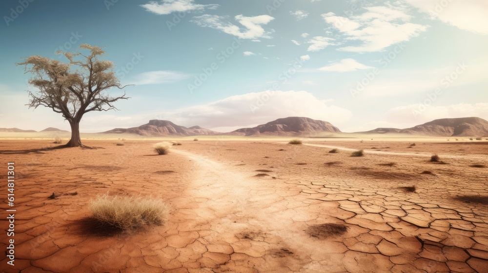 Life ecology solitude concept, lonely dry dead tree on cracked earth in desert with crack land texture soil, bad disaster in nature
