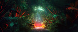 Futuristic tunnel in the jungle with neon lights. Tropical plants cover the roof of the tunnel. Fantastic biopunk wallpaper. Generative AI illustration.