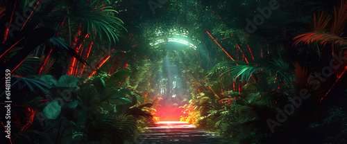 Futuristic tunnel in the jungle with neon lights. Tropical plants cover the roof of the tunnel. Fantastic biopunk wallpaper. Generative AI illustration. © Valeriy