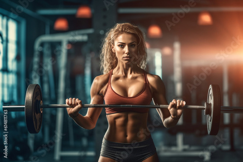 Young woman working out in the gym with a barbell. High quality photo