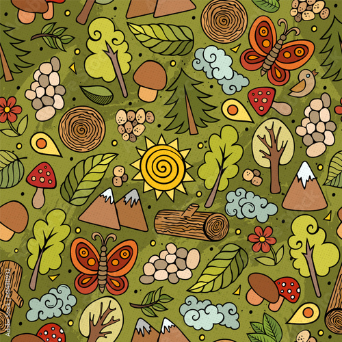 Cartoon vector doodles camping seamless pattern