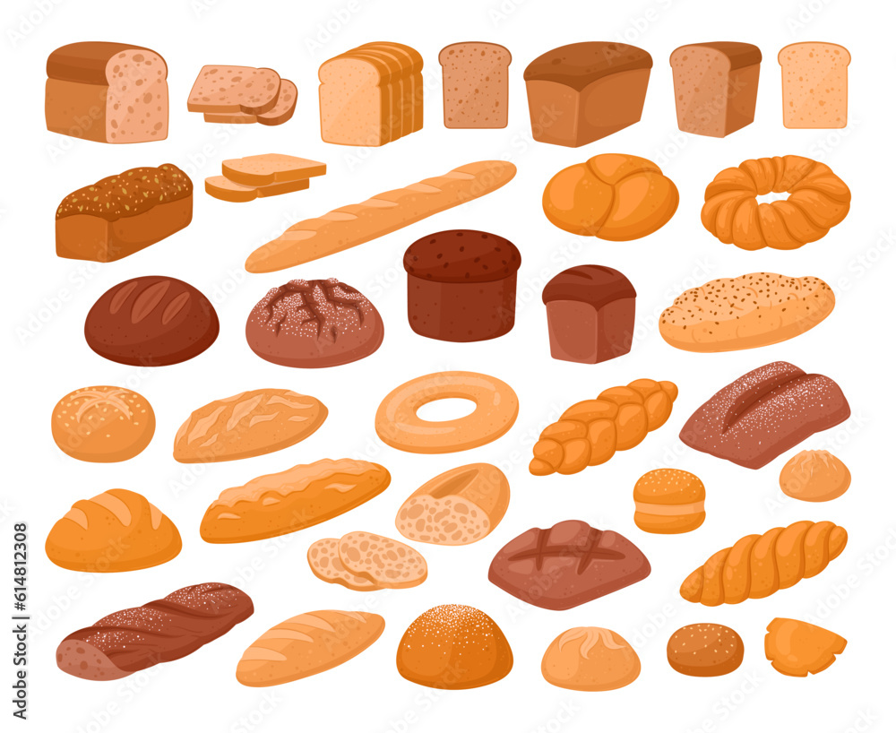 Cartoon bread. Pastry, bakery wheat products, sliced and loaf of bread, baguette, croissant flat vector illustration set. Flour confectionery collection Cartoon bread. Pastry, bakery wheat products, sliced and loaf of bread, baguette, croissant flat vector illustration set. Flour confectionery collection