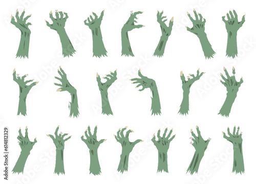 Creepy zombie arms. Halloween monsters hands with long nails, spooky horror arms flat cartoon vector illustration set