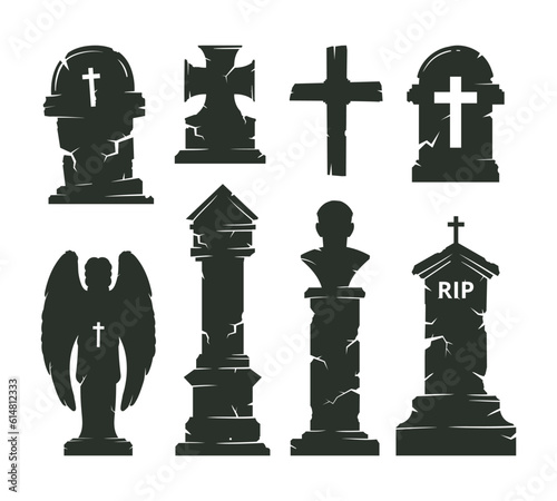 Cemetery gravestone silhouettes. Halloween tombstones, graveyard crosses and horror halloween churchyard gravestones flat vector illustration set