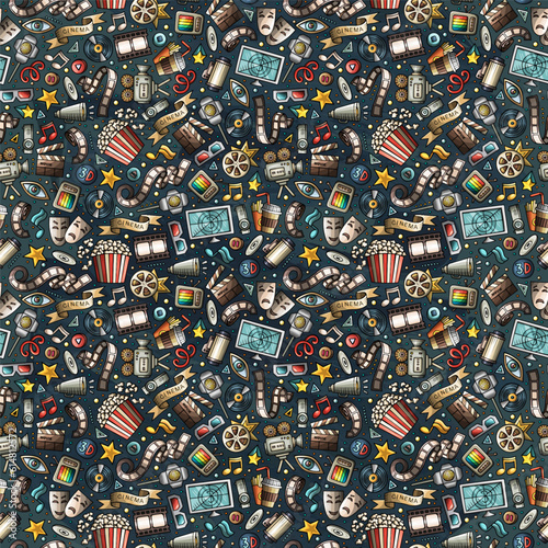 Cartoon cute hand drawn Cinema seamless pattern.