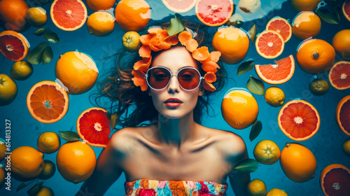 Beautiful Girl Floating On Water With Fresh Tropical Fruits. Resort, spa concept. Generative AI. 