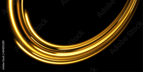Glittering wavy trail. Swirling glow dynamic neon circles. Golden glowing shiny spiral lines effect. Curved yellow line light. Rotating shining rings. Shine magic gold swirl with flare sparkles Vector