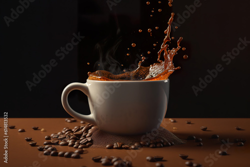 Morning coffee cup with brown coffee splashing in it. Coffee cup overflowing. Cup of coffee creating splash. Realistic 3D illustration. Generative AI