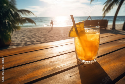 Cocktail on the beach  ropical Refreshment  A Captivating Close-Up Photograph of a Fresh Iced Wet Long Drink with Fruits on a Wooden Table