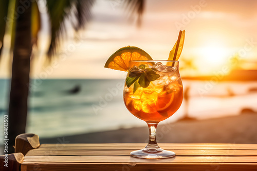 A glass of cocktail with lemon and ice at sunset against the backdrop of the sea