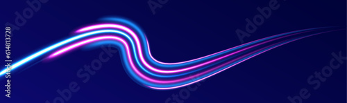 High speed effect motion blur night lights blue and red. Futuristic neon light line trails. bright sparkling background. Purple glowing wave swirl, impulse cable lines. Long time exposure. Vector