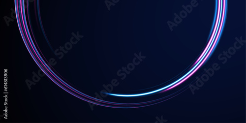 Abstract neon background with shining wires. Motion design. Magic empty space. Panoramic high speed technology concept, light abstract background.