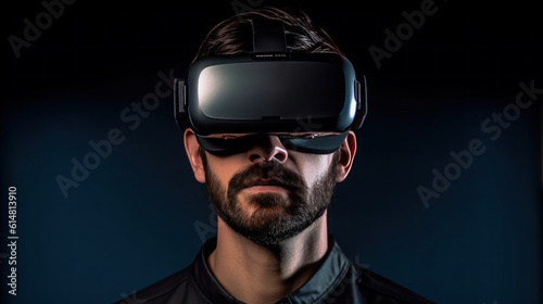portrait of a man wearing VR glasses on isolated background