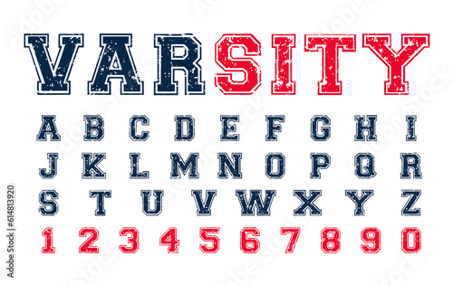 Varsity distressed font, college alphabet, sport font, letters and numbers, png on transparent background. College alphabet, great design for tshirt, banner, invitation. 