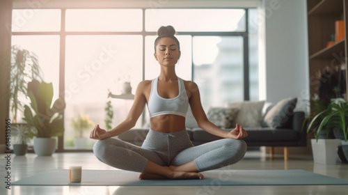 woman doing yoga in the living room at home