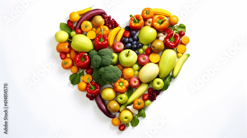 Fruits  vegetables  healthy and organic food forming a heart on a white background. Nutrition  healthy food and well-being. Generative ai.