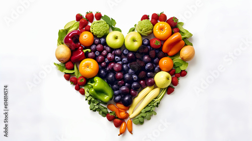 Fruits, vegetables, healthy and organic food forming a heart on a white background. Concept of nutrition, healthy food and well-being. Generative ai.