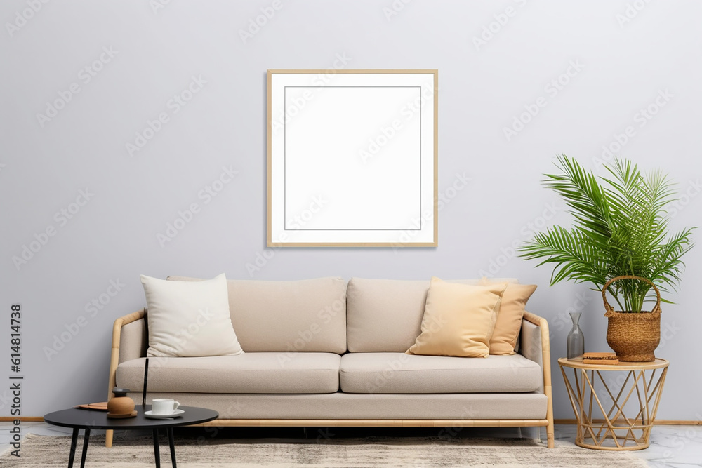 Blank picture frame mockup on gray wall. White living room design. generative AI Blank picture frame mockup on gray wall. White living room design. generative AI