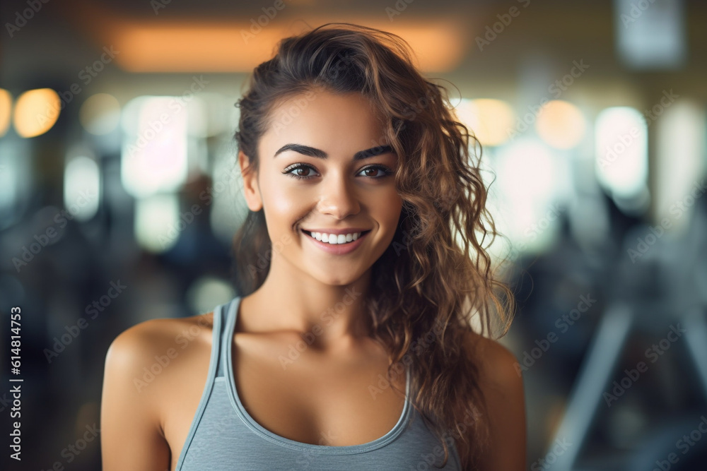 Portrait of a happy fit brunette in the gym. Healthy lifestyle and sports concept. High quality photo