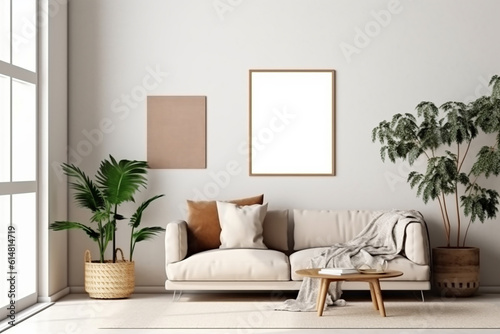 Blank picture frame mockup on gray wall. White living room design. generative AI