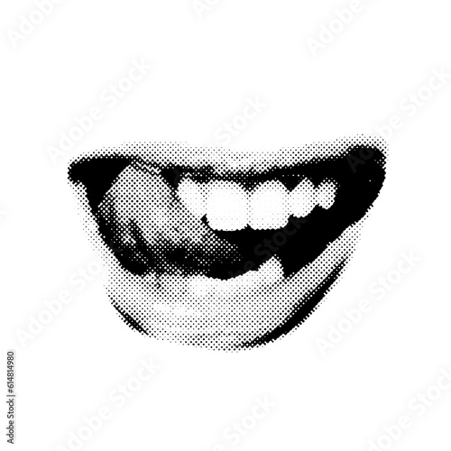 Female mouth isolated with tongue out. beautiful lips with teeth halftone texture retro collage elements for mixed media design vintage dotted style grunge punk crazy template in white background