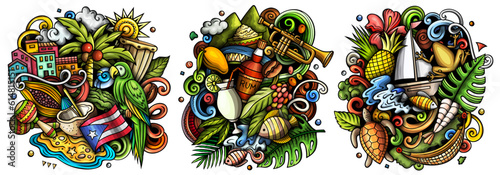 Puerto Rico cartoon vector doodle designs set.