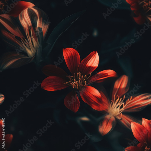 Glowing red flowers seamless pattern.