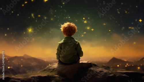 Canvastavla Recreation of The Little Prince sit down in the asteroid looking a sky full of stars