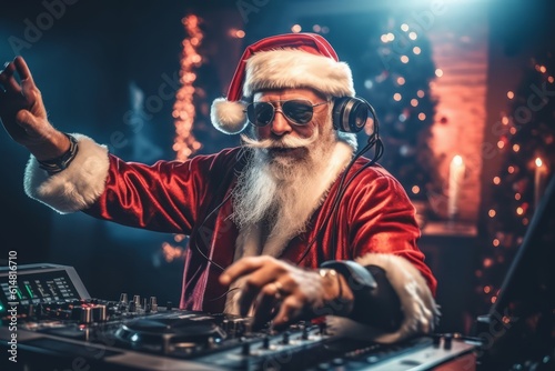 A lively Christmas party featuring Santa Claus as the DJ in a festive outfit, mixing tracks on a DJ mixer. The party is filled with energy and holiday cheer. Generative AI photo