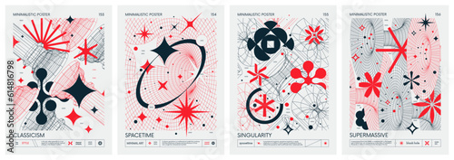 Futuristic retro vector color minimalistic Posters with 3d strange wireframes form graphic of geometrical shapes modern design inspired by brutalism and silhouette basic figures, set 39