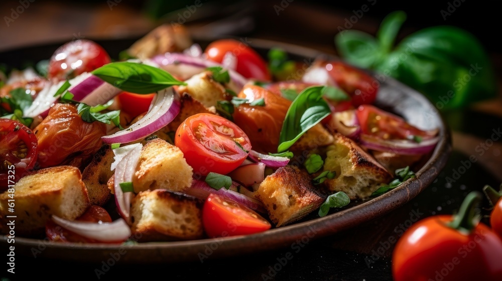 Panzanella with bright green basil leaves, sliced red onions, and juicy tomatoes Panzanella with bright green basil leaves, sliced red onions, and juicy tomatoes