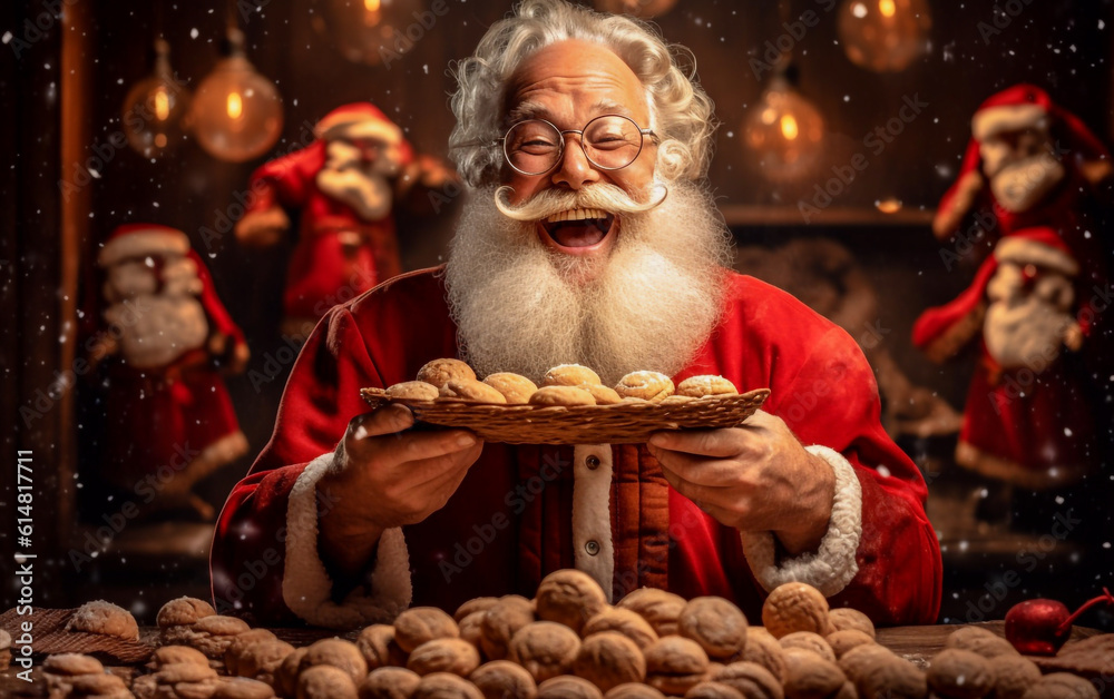 Santa Claus laughs joyfully as he holds a tray full of Christmas cookies