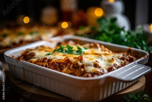 traditional lasagna served in a white casserole dish