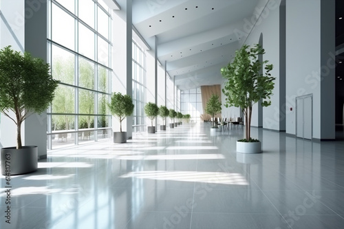 empty offices all in white with sun light coming though the windows 